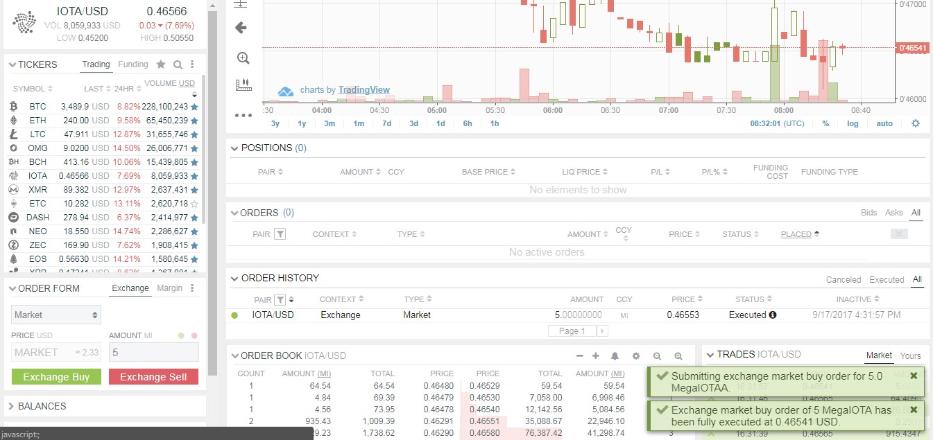 Bitfinex IOTA Market Order Purchase